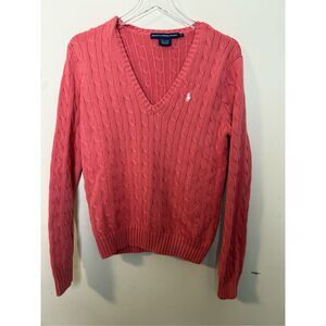 Ralph Lauren Orange and Pink V-Neck Cable Knit Sweater